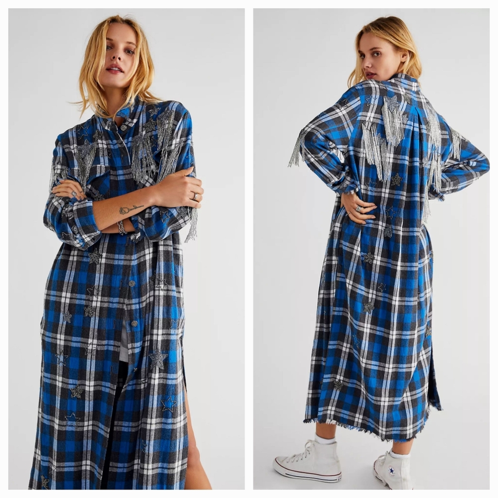 We the Free People Heavenly Plaid Flannel Duster jacket grunge glam